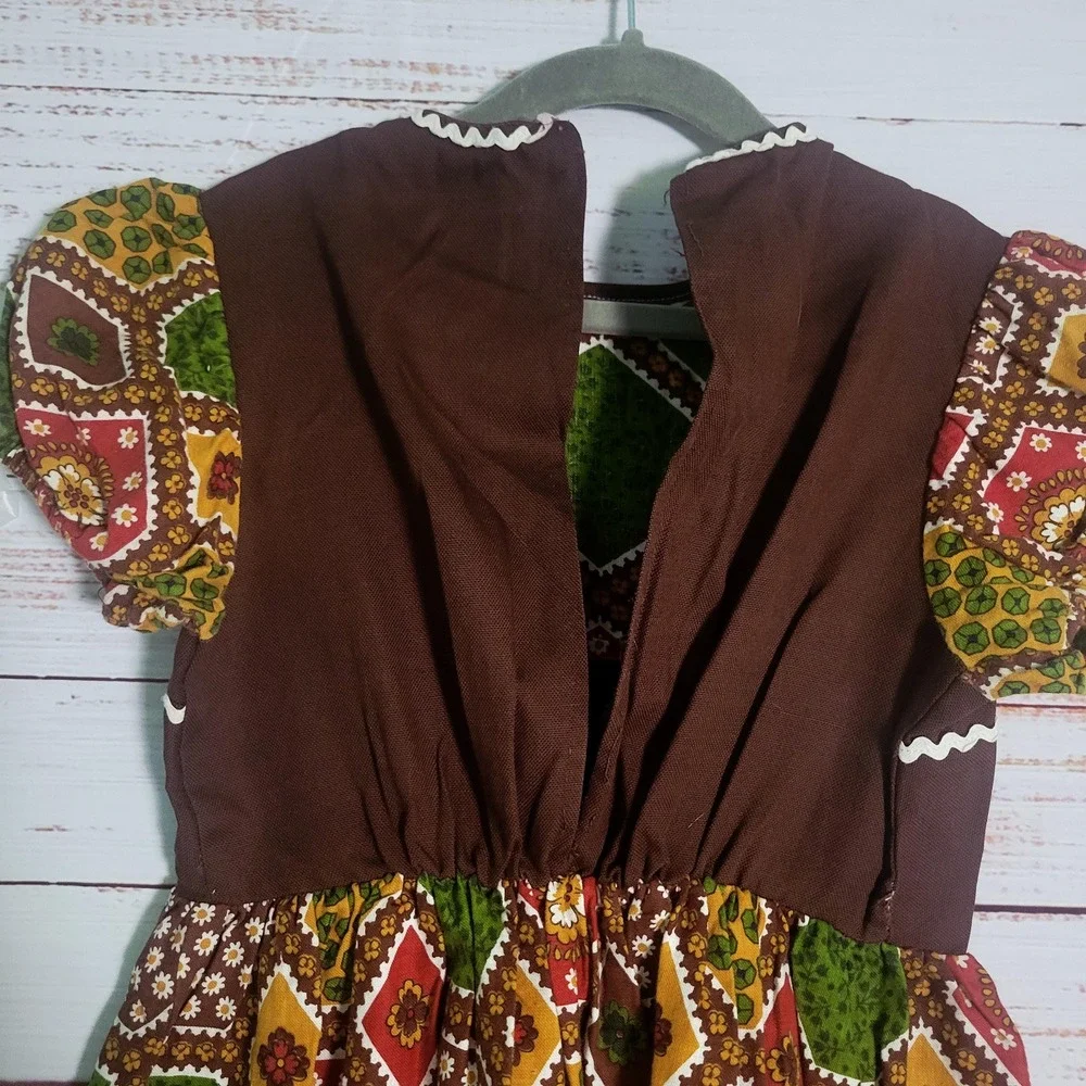 Vintage Girls Patchwork Peasant Dress (Unfinished) 1960s/70s Brown Green Calico